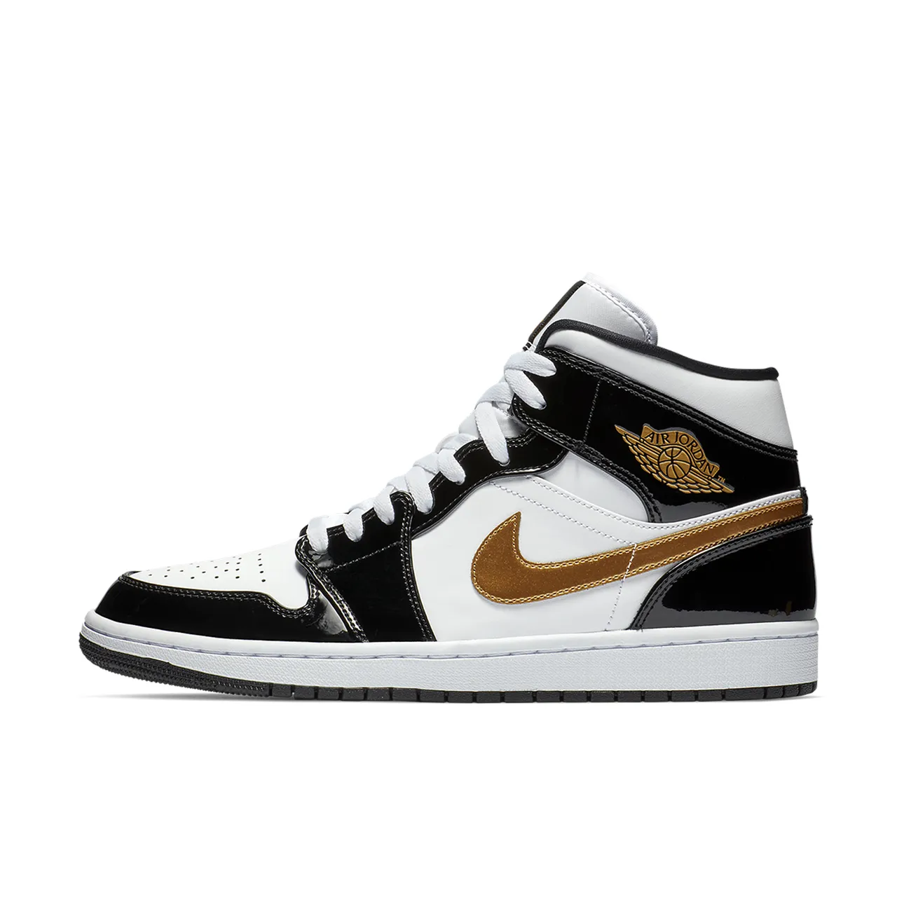 Jordan 1 Mid Patent Black White Gold - 1